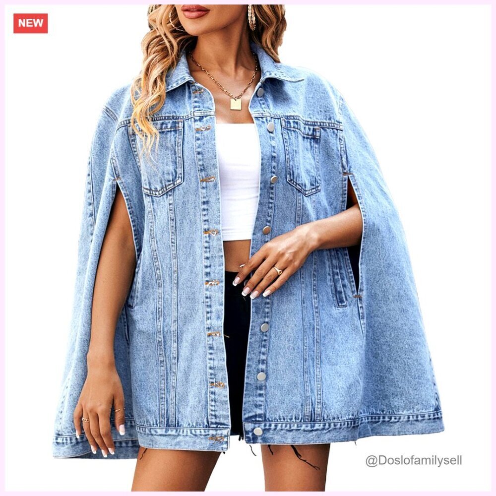 Oversized Denim Cloak Coat Button Down Poncho Cape Women's Fashion Jacket